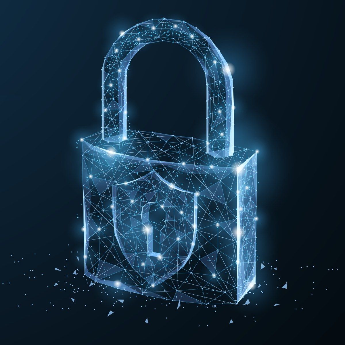An illustration of a lock made up of a light blue polgonal wireframe with dots and stars