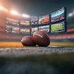 An image of two footballs in front of multiple screens streaming NFL games from the inside of a football stadium