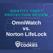 A blue background with images of locks and shields and the text "OmniWatch vs. Norton LifeLock"