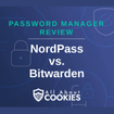 A blue background with images of locks and shields and the text "NordPass vs. Bitwarden"