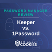 A blue background with images of locks and shields and the text "Keeper vs. 1Password"