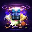 Sports betting concept with sports app surrounded by sports equipment balls
