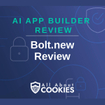 A blue background with locks and the text "AI App Builder Review: Bolt.new Review"
