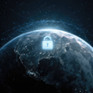 Earth with digital lock overlay, symbolizing cybersecurity and global data protection in space