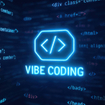 Neon vibe coding text glows in center of flowing code