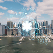 aerial panoramic city view of NYC with holographic healthcare sign in front