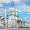 Capitol Hill building exterior with cybersecurity hologram concept overlay