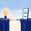 Illustration of a light bulb and a smartphone on opposite cliffs connected by a partially built bridge, representing the gap between having an app idea and building it.