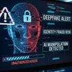 concept of AI generated face on holographic screen with text "deepfake alert," "identity fraud risk," and "AI manipulation detected"