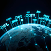 domain names .net and .com hover above a digital globe with network connections