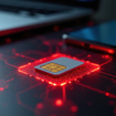 SIM card on glowing red circuit board with laptop and phone
