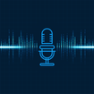 Glowing neon microphone with dynamic audio waveform and particle sound signals on dark blue grid background.