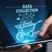 Hands holding a smartphone that projects a hologram of a wheelbarrow being filled with data icons.