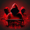 Faceless hackers in red shadows using laptops.