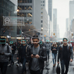 Crowd of people walking through a city street, with digital facial recognition overlays highlighting their faces.