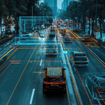 A road with cars being scanned by a license plate reader.