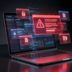 Laptop showing a critical system lockdown alert with red glowing warning windows.