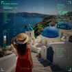 Woman poses in front of Italian scene with AI text analyzing location.