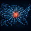 Map of the united states connected by data lines flowing to a central database.