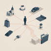 A person stands in the middle of connections to their daily lives, all flowing to a central dossier.
