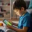 A young boy playing Minecraft on a tablet sitting on the floor