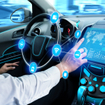 Driverless car interior with futuristic dashboard for autonomous control system.