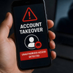 Person holding phone with message "account takeover, unauthorized access detected" onscreen