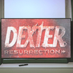 Flat screen TV showing Dexter Resurrection title screen in a dark room with curtains and TV remote on cabinet