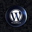 Large WordPress logo framed by black and navy and gray circular record-like design