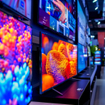 Shelves of TVs on display in a store.