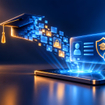 Smartphone projecting holographic graduation cap and secure student ID card.