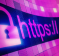 A close-up of a web browser URL bar showing a lock symbol and HTTPS:// on an abstract pink and purple background