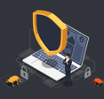 An illustration of an open laptop with a yellow and black shield floating above it while bugs try to attack it