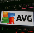 Close-up of a smartphone displaying the AVG AntiVirus logo.