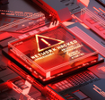 Red light computer system with warning sign exclamation triangle and the words &quot;Network Hacked&quot;