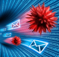 Red virus spiked balls traveling along with mail envelops through neon blue tunnuel of computer codes