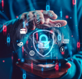 Hand holding invisible light globe with many symbols of cyber security made of light and a big emblem with a lock in the middle