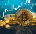 A pile of bitcoins in the foreground with a graph chart in the background.