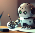 A robot uses a pencil to scribble notes in an illustration that represents AI and ChatGPT.