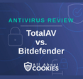 A blue background with images of locks and shields with the text &quot;Antivirus Review TotalAV vs. Bitdefender&quot; and the All About Cookies logo. 