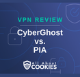 Blue background with text reading &quot;VPN Review CyberGhost vs. PIA&quot; and the All About Cookies logo.