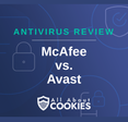 Blue background with text reading &quot;Antivirus Review McAfee vs. Avast&quot; and the All About Cookies logo.
