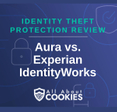 A blue background with images of locks and shields with the text &quot;Identity Theft Protection Review Aura vs Experian IdentityWorks&quot; and the All About Cookies logo. 