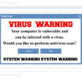 A malware pop-up ad of a fake virus warning urging users to conduct a scan