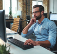 Side view of a man working on a computer in his office. 