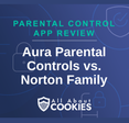 A blue background with images of locks and shields and the text &quot;Aura Parental Controls vs. Norton Family&quot;