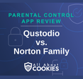 A blue background with images of locks and shields and the text &quot;Qustodio vs. Norton Family&quot;