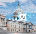 An image of the U.S. capitol building superimposed by a translucent image meant to symbolize technology. In the center there&#x27;s a white square that says AI.