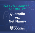 A blue background with images of locks and shields with the text &quot;Parental Control App Review Qustodio vs Net Nanny&quot; and the All About Cookies logo.