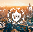 VPN concept with downtown San Francisco skyline buildings